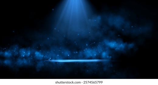 A glowing blue spotlight illuminates a misty scene with sparkling particles scattered in the dark background, creating a mysterious and ethereal atmosphere, perfect for abstract or cosmic themes.