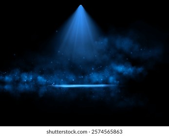 A glowing blue spotlight illuminates a misty scene with sparkling particles scattered in the dark background, creating a mysterious and ethereal atmosphere, perfect for abstract or cosmic themes.