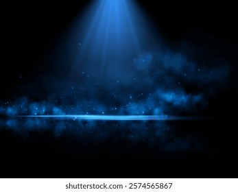 A glowing blue spotlight illuminates a misty scene with sparkling particles scattered in the dark background, creating a mysterious and ethereal atmosphere, perfect for abstract or cosmic themes.