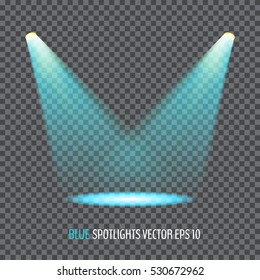 Glowing blue spotlights. Pair of illumination stage lights. Vector illustration for your graphic design.