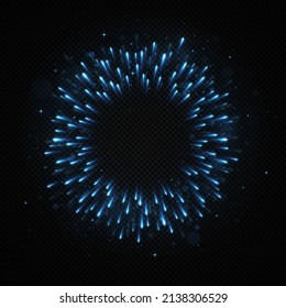 Glowing blue stars or comets moving from center to the edge with super fast motion effect. Falling lights or neon rays. Blurred stars light in lines.