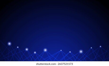 Glowing blue stars and digital particles shine on dark night sky background