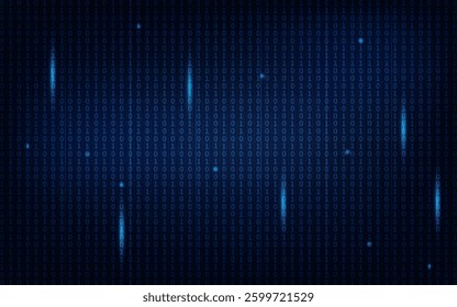 Glowing blue streams of data flow through a dark blue background of binary code digits.