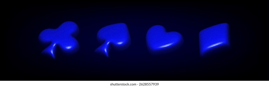Glowing blue Suits of Playing Cards in Blue Neon Light on the black background. Cyber Design in y2k style and 90s . 3D Rendered Card Suits Clubs, Spades, Hearts, and Diamonds in halftone style 