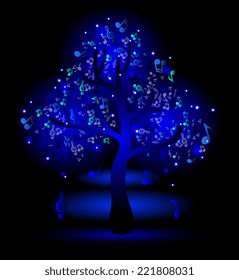 Glowing blue tree with music notes 