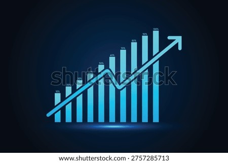 Glowing blue upward arrow on abstract bar graph representing business growth, digital success, financial progress, and futuristic analytics background