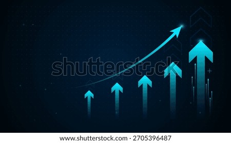 A glowing blue upward arrow rises above smaller arrows, symbolizing strong financial growth and accelerating business performance. A glowing blue arrow rises