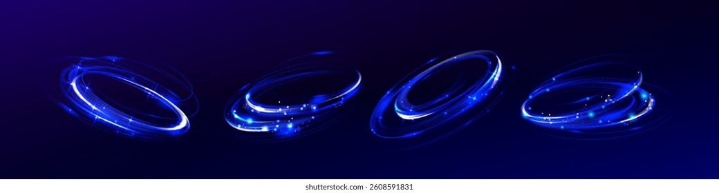 Glowing blue vortex spiral lines set - neon light swirl trails. Energy plasma circles with lens flare effect, magic portal rings, shiny whirlpool patterns. Futuristic luminous geometric shapes.