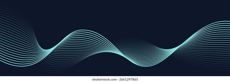 Glowing blue wave isolated on black background. Abstract light flow, curved striped pattern, dynamic motion effect. Futuristic digital backdrop. Elegant modern vector illustration.