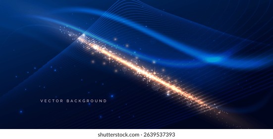Glowing blue wave lines and gold lighting effect sparkle on dark backbround. Vector illustration