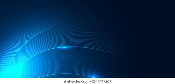 Glowing blue wave lines on dark technology background