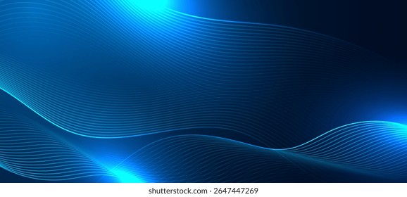 Glowing blue wave lines on dark technology background