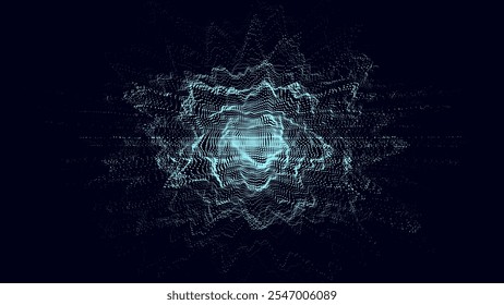 Glowing blue wave with motion dots and top view. Abstract digital background. Particle explosion. Concept connection big data. Futuristic technology backdrop. Vector illustration.