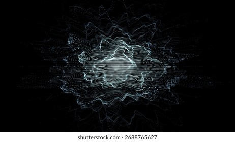 Glowing blue wave with motion dots and top view. Abstract digital background. Particle explosion. Concept connection big data. Futuristic technology backdrop. Vector illustration.