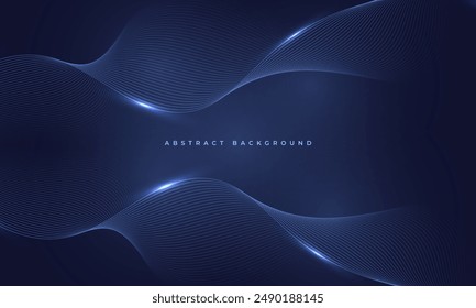 Líneas onduladas azules brillantes en el fondo azul oscuro de la tecnología abstracta. Ilustración vectorial digital de alta tecnología con líneas de ondas de partículas rayadas