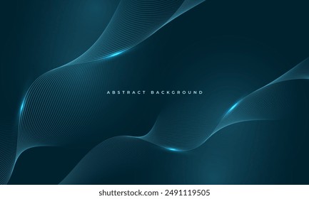 Glowing blue wavy lines on abstract technology dark blue background. Digital hi-tech vector illustration with particle striped wave lines