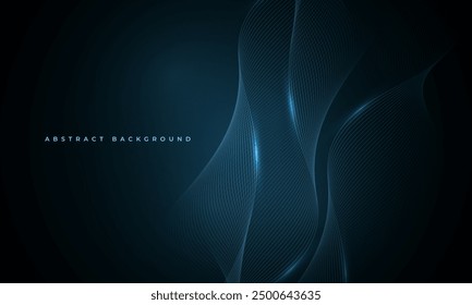 Líneas onduladas azules brillantes sobre fondo azul oscuro de la tecnología abstracta. Ilustración vectorial digital de alta tecnología con líneas de onda rayadas de partículas