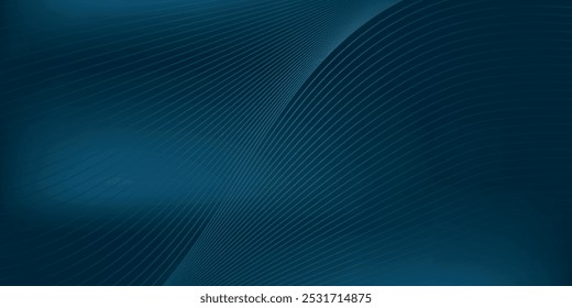 Líneas onduladas azules brillantes sobre fondo azul oscuro de la tecnología abstracta. Ilustración vectorial digital de alta tecnología con líneas de onda rayadas de partículas. eps10