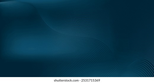Glowing blue wavy lines on abstract technology dark blue background. Digital hi-tech vector illustration with particle striped wave lines