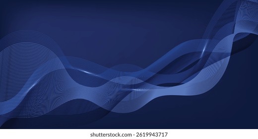 Glowing blue wavy lines on dark background. Futuristic dynamic wave concept