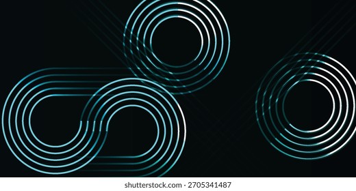 Blau-weiße Linien bilden konzentrische Kreise und eine unendliche Form auf schwarzem Hintergrund, wodurch ein futuristisches und abstraktes Design entsteht.