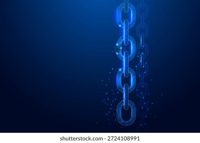 Glowing blue wireframe chain links on dark background with floating particles, symbolizing blockchain, cybersecurity, and digital connectivity. Ideal for tech, crypto, and secure data visuals.