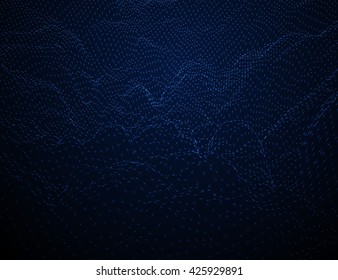Glowing blue wireframe grid landscape. Vector techno map background.