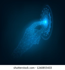 Glowing blue wireframe human hand touch circle on screen, technology, index finger, triangular palm