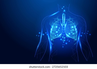 Glowing blue wireframe lungs with bronchial tree and alveoli, symbolizing respiratory health, anatomy, and medical technology.