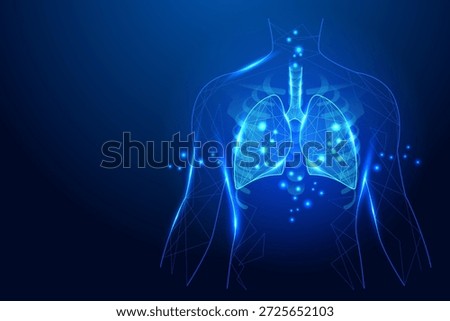 Glowing blue wireframe lungs with bronchial tree and alveoli, symbolizing respiratory health, anatomy, and medical technology.