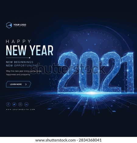 Glowing blue wireframe text for New Year 2021 with tech background