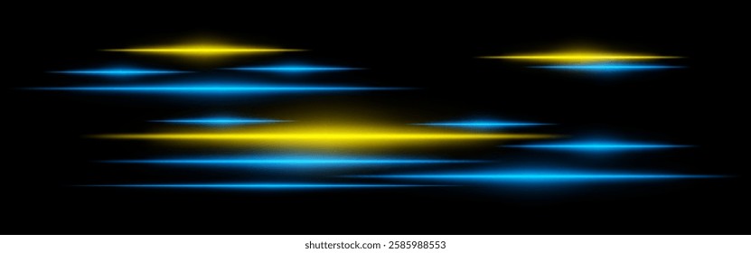 Glowing blue and yellow light streaks on a black background. Horizontal neon beams create a high-speed motion effect, representing futuristic energy and digital acceleration