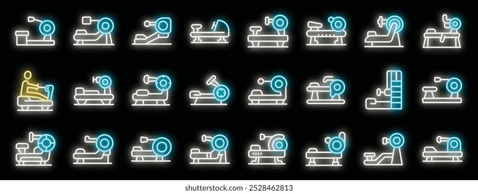 Ícones de neon azul e amarelo brilhantes de equipamento de ginástica, ilustrando uma variedade de máquinas de treino para treinamento de força e fitness