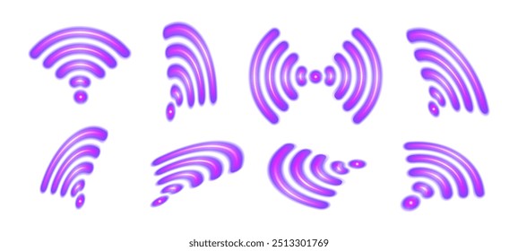 Luz azul-violeta brillante wifi, inalámbrica y sensor de ondas de radar. Red inalámbrica con efecto de onda de neón. Ilustración vectorial.