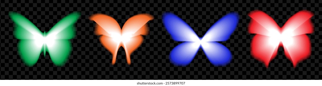 Glowing blurry butterfly shapes set. Y2k design style elements collection. Soft gradient butterflies isolated on dark transparent background