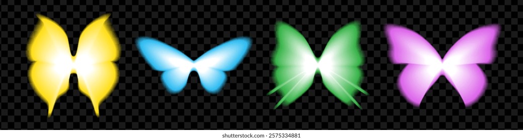 Glowing blurry butterfly shapes set. Y2k design style elements collection. Soft gradient butterflies isolated on dark transparent background