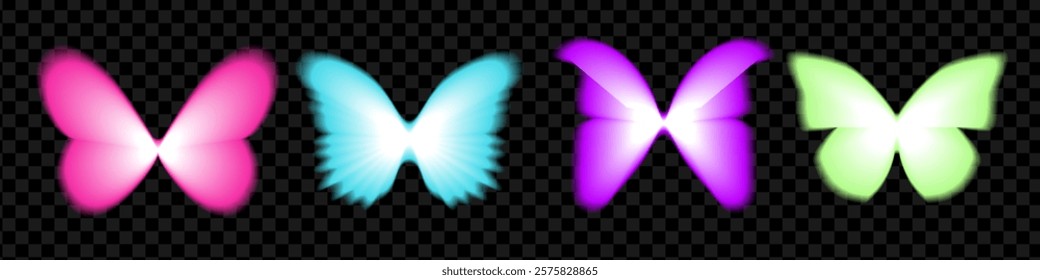 Glowing blurry butterfly shapes set. Y2k design style elements collection. Soft gradient butterflies isolated on dark transparent background