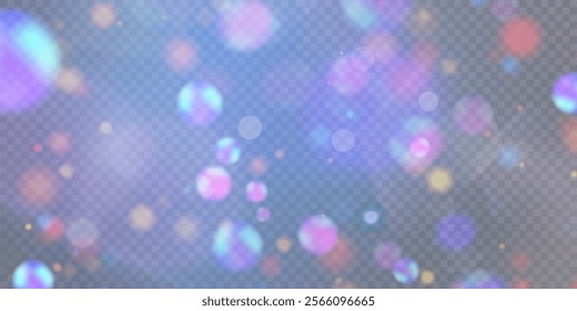 Glowing bokeh effect and shimmering colorful glare and bright particles, bright glitter light effect isolated on transparent background for backdrops and overlays in illustrations and web design. Vect