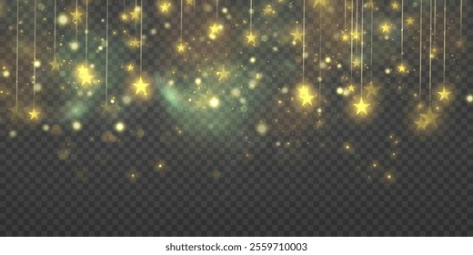 Glowing bokeh and glitter effect with bright dust particles and stars isolated on transparent background. For festive and advertising design.