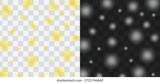 Conjunto de partículas brillantes de luz Bokeh y efecto de nieve. Versátil conjunto de luces bokeh brillantes y partículas de nieve borrosa. Ideal para añadir un ambiente mágico a los diseños invernales, Anuncios y tarjetas de vacaciones.