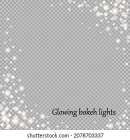 Glowing bokeh lights and magic sparkles frame. Abstract festive glow decoration with white confetti and blur dots. Vector holiday luminous effect isolated on transparent background