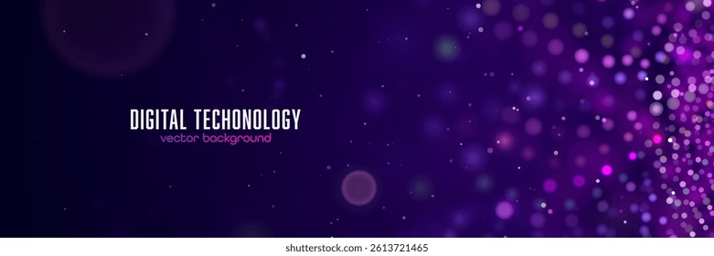 Glowing Bokeh Lights On Dark Purple Background With Futuristic Digital Sparkle And Blur Effect. Perfect For Technology Themes. Vector Illustration.