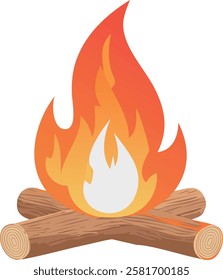 A glowing bonfire made of wooden logs, perfect for camping and outdoor gatherings. The flames dance in warm hues, creating a relaxing and peaceful atmosphere.