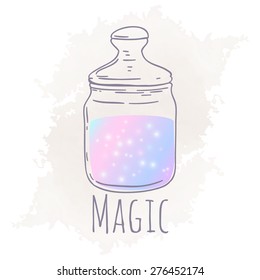 Glowing bottle with a magic potion. Drawing by hand. Colored vector illustration.