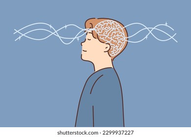 Glowing brain in head of man closing eyes for concept of psychological health and meditation with calming effect. Waves passing through guy brain as metaphor for telepathy or psychoanalysis