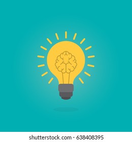 Glowing Brain Inside The Light Bulb, Idea Concept, Flat Style Vector Illustration EPS 10.