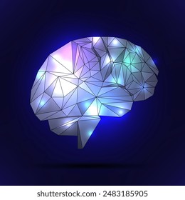 Glowing brain in low poly style on a dark background. Vector illustration