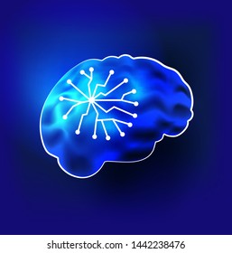 Glowing brain on a blue background. Artificial Intelligence. Digital technology and engineering concept
