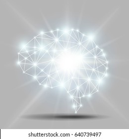 Glowing brain polygon with shiny light burst