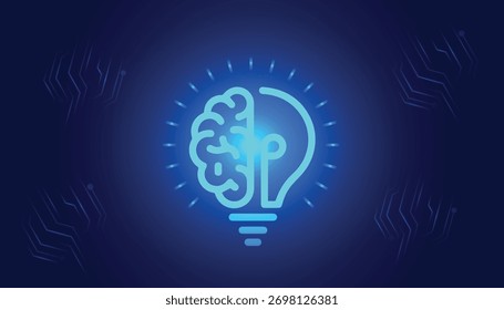 Cérebro brilhante dentro de uma lâmpada simbolizando inteligência e tecnologia do fundo do cérebro. 